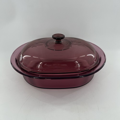 Vintage Corning Ware Cranberry Vision 4 Qt Ribbed Casserole Roaster & Pyrex Lid - Picture 2 of 18