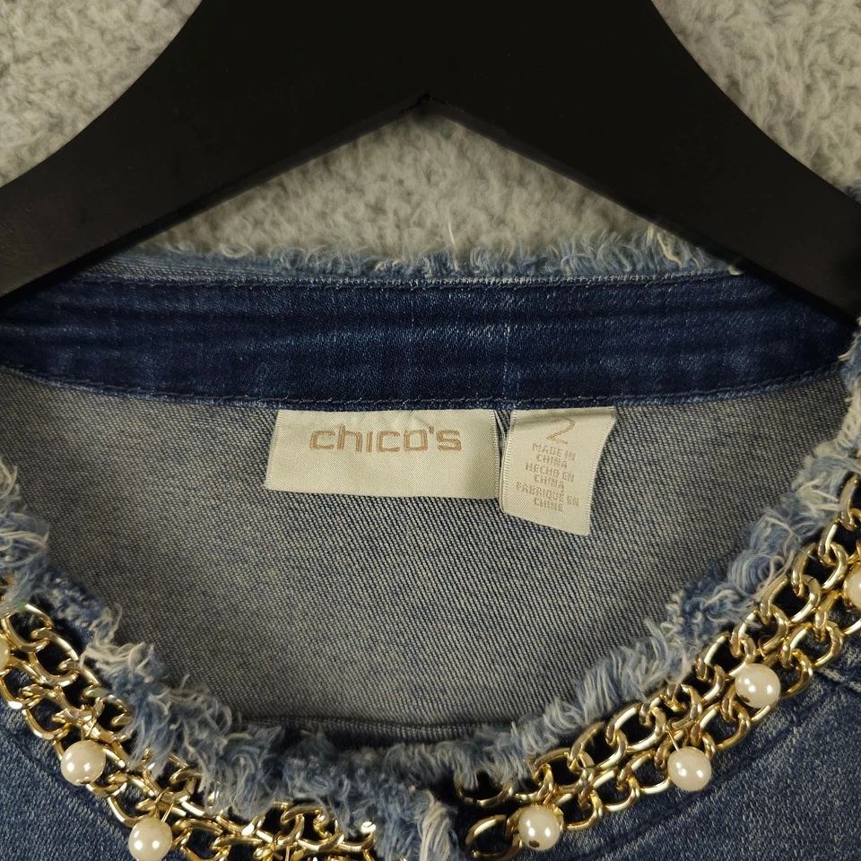 Chicos Jean Jacket Womens 2 US Large Blue Denim Chains Pearls Snap Up 3/4 Sleeve - Image 3 of 4