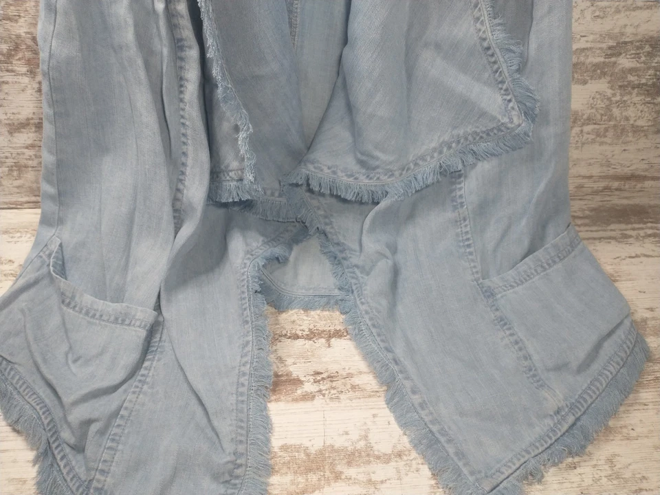 Chaleco vaquero azul Style & Co para mujer pequeño frente abierto mezcla de algodón suave con flecos  Foto 4 de 4