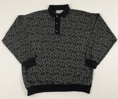 Mondo Di Marco Sweater Polo Mens XL Wool Blend Gray Geometric Grandpa Jumper 90s