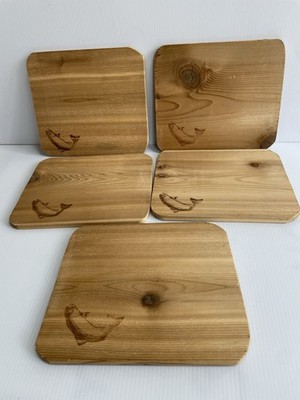 5 Wooden Rectangular Cutting Boards Animal Theme Carved Medium Brown Set