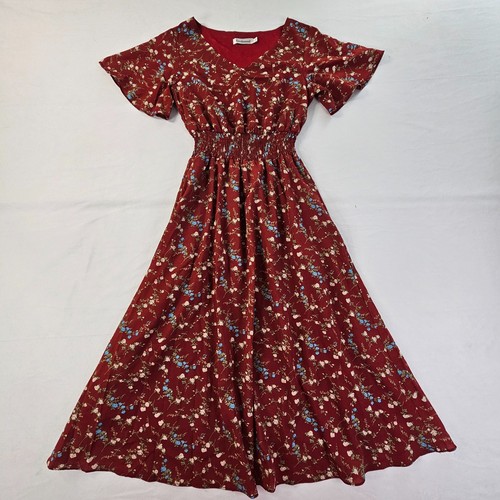 Gardenwed Burgundy Floral Maxi Dress Cottagecore Flutter Sleeve Smocked Waist
