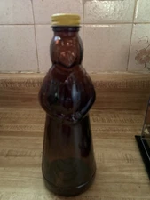 Vintage Mrs. Butterworth’s Amber Glass Syrup Bottle With Yellow Metal Lid