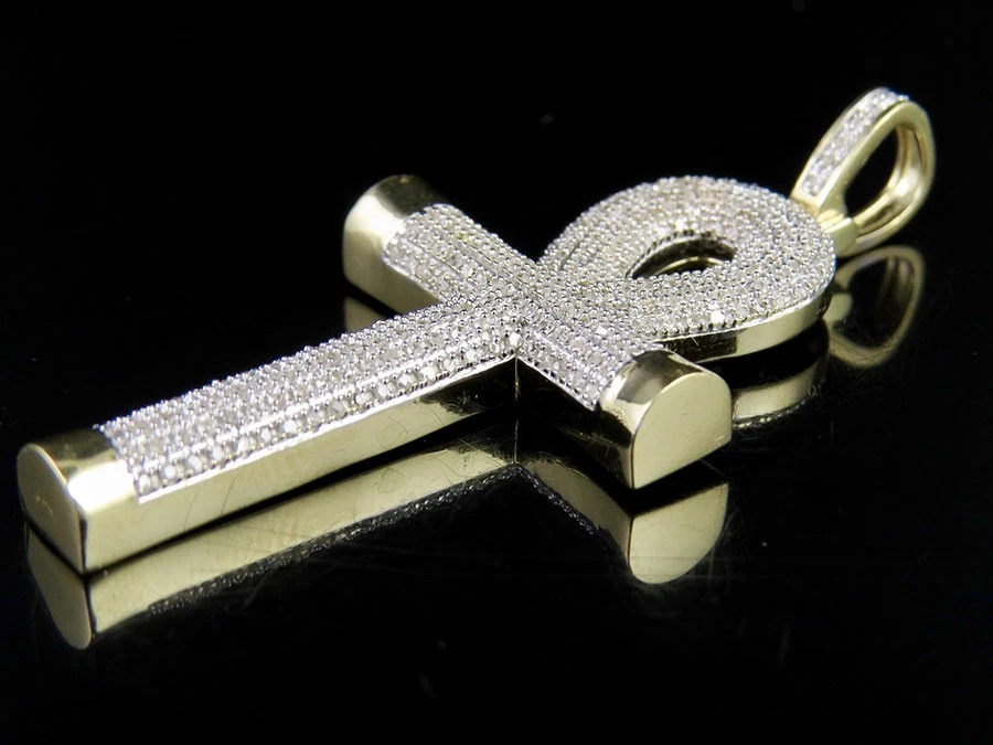 Colgante de diamantes genuinos con cruz de Ankh puff de oro amarillo de 10 quilates para hombre de 0,55 quilates 1,8" Foto 3 de 4
