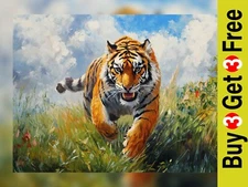 Fierce Tiger Charge 5"x7" Print on Matte Paper | Vibrant Wildlife Painting
