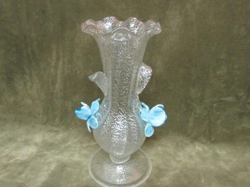 Vintage Murano Italy Silver Fleck Blue Flower Italian Art Glass Hand Blow Vase