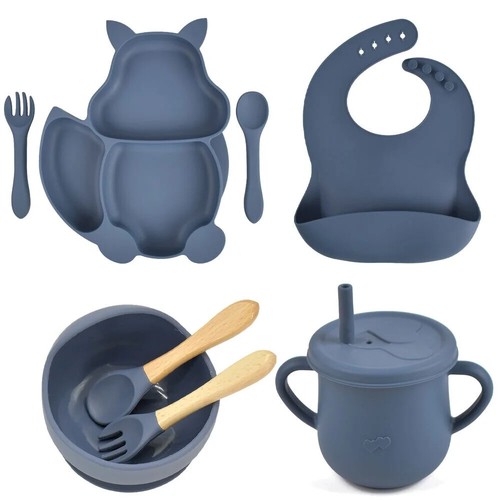 8PCS/Set Baby Sucker Bowl Plate Cup Bibs Spoon Fork Sets Children Feeding Dishes - Picture 46 of 51