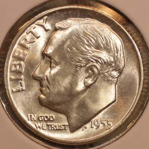 1955 P Roosevelt Dime GEM BU FULL BANDS w/LUSTER!  From OBW Roll 55P0189