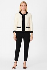 ST. JOHN Collection Marie Grey Cream Wool Knit Black Fringe Trim Zip Jacket 8 M