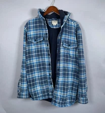 L.L. Bean Fleece Lined Flannel Shirt Jacket Adult Medium Blue Plaid Hooded