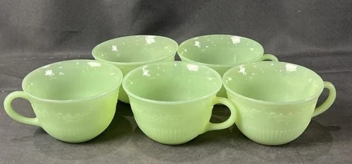 Jadeite ALICE Pattern Coffee Tea Cups Lot 5 Mint Green Fire King Anchor Hocking