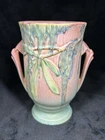 1936 Roseville Moss Pattern Two Handled Vase #777-7 in Pink & Aqua - Beautiful!