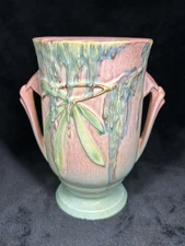1936 Roseville Moss Pattern Two Handled Vase #777-7 in Pink & Aqua - Beautiful!