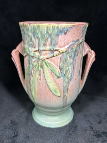 1936 Roseville Moss Pattern Two Handled Vase #777-7 in Pink & Aqua - Beautiful!