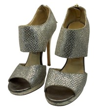 Jimmy Choo Silver Glitter Peep Toe Stiletto Heels Women's EU 37.5