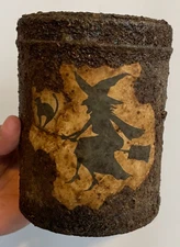 Primitive Hand Made Halloween Witch on Broom Canister with Lid 5 1/2" Tall