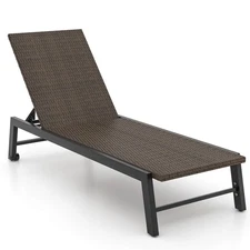 Patio Galvanized Steel Chaise Lounge Outdoor PE Rattan Recliner Chair w/ Wheels