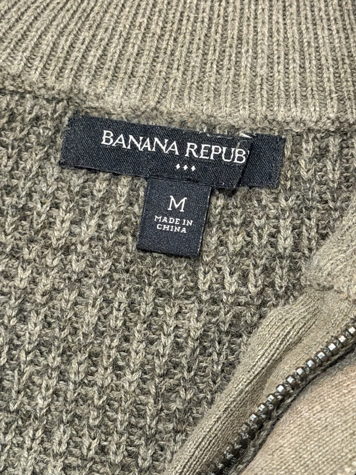 Suéter Pullover Banana Republic Verde Mediano 1/4 Cremallera Vegano Gamuza Parche Preppy Foto 2 de 4