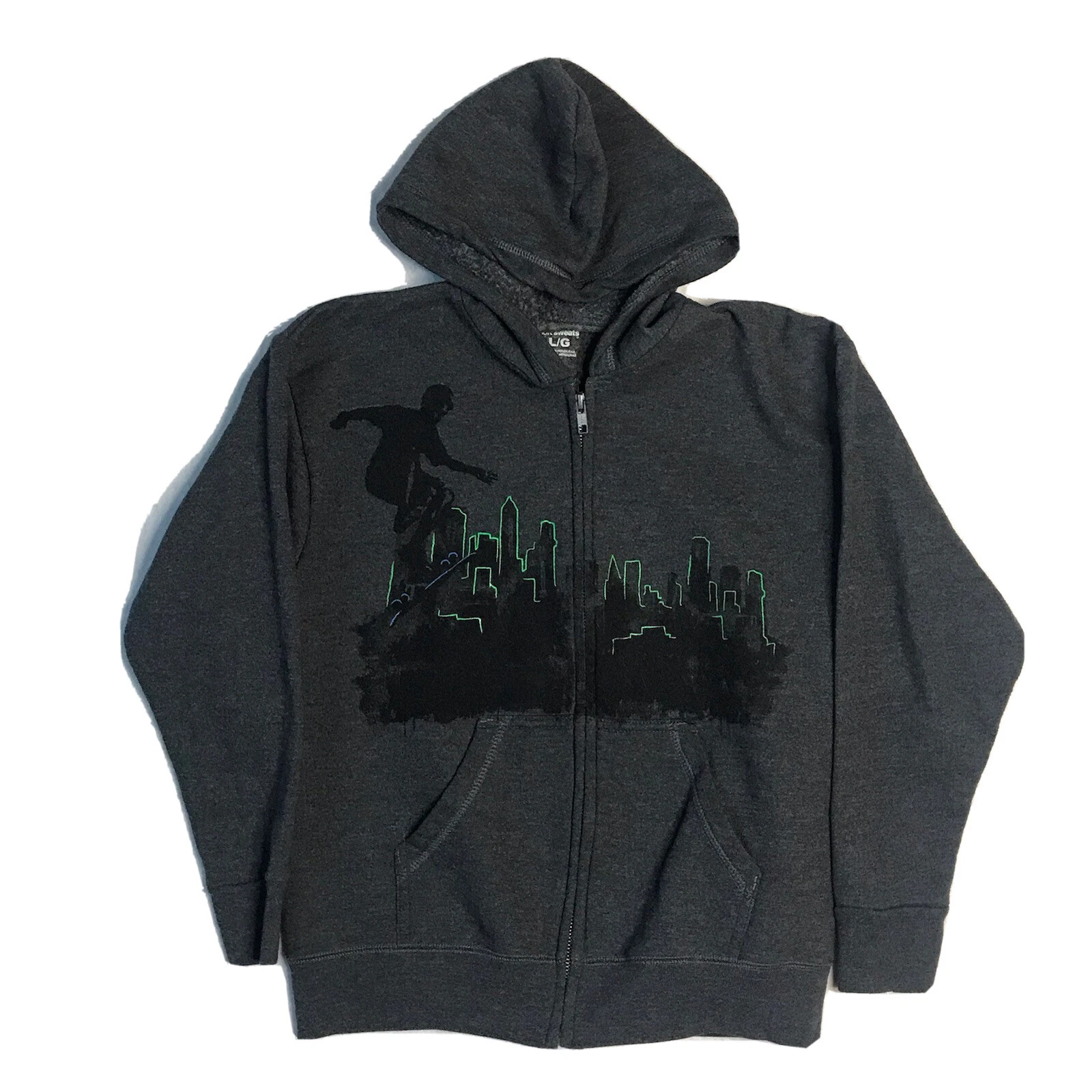 Skateboarding Hoodie Kids Large Gray Skyline Graphic Full Zip Hanes Tagless
Opens in a new window or