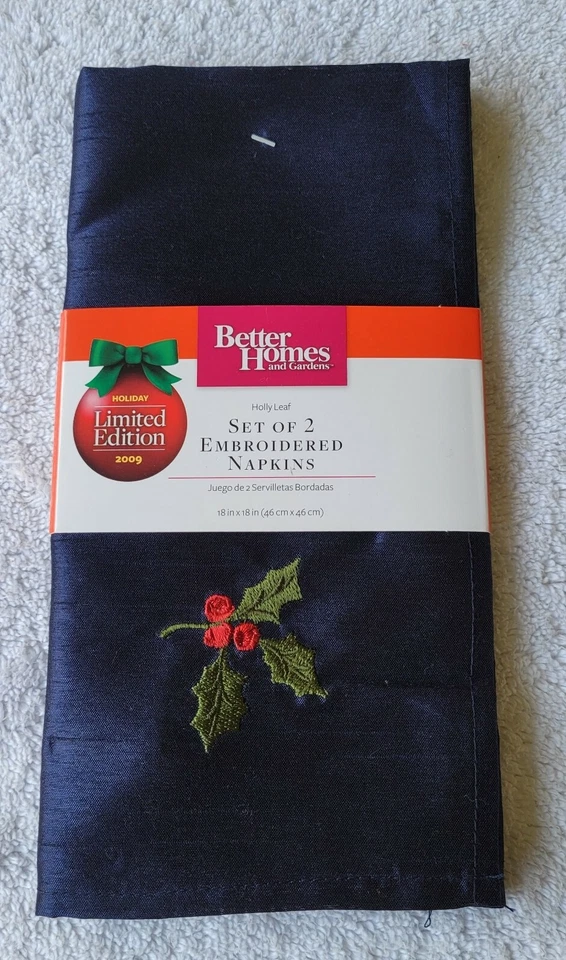 Holiday Blue Napkins EMBROIDERED Holly Leaves and Berries Better Homes 2 Set - Image 2 of 4