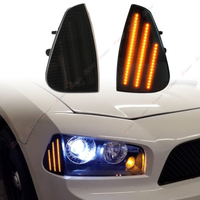 For 06-10 Dodge Charger Amber Front Turn Signal Lamps Corner-Light Housings Kit