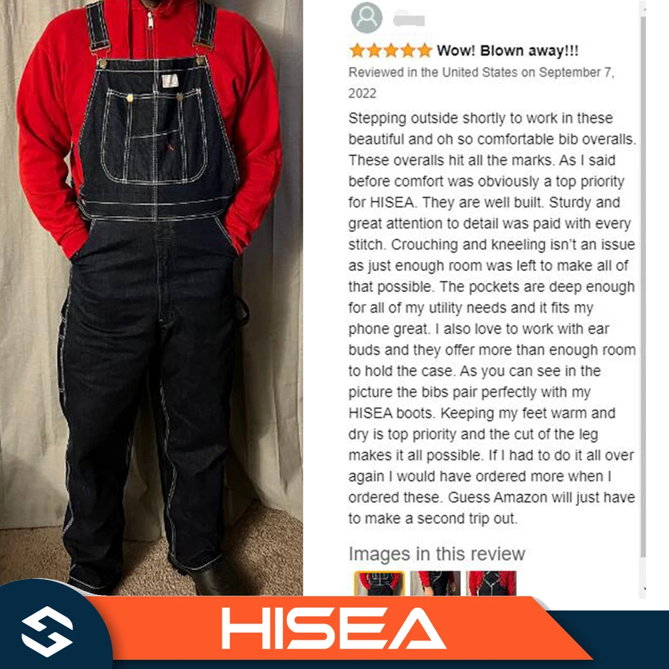 HISEA Men Denim Bib Overalls Relaxed Fit Workwear Jumpsuit Dungarees Tool Pocket - Image 3 of 4