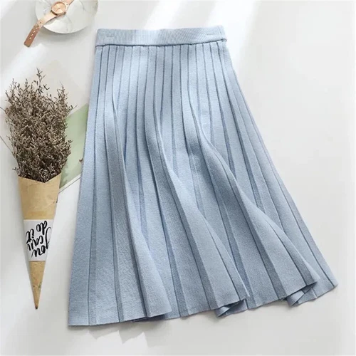 Women Knitted Midi Skirt Black A-Line High Waist Elegant Pleated Long Skirt - Picture 12 of 20