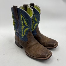 Ariat Kids Square Toe Cowboy Boots Blue Yellow Stitching Brown Leather Size 3