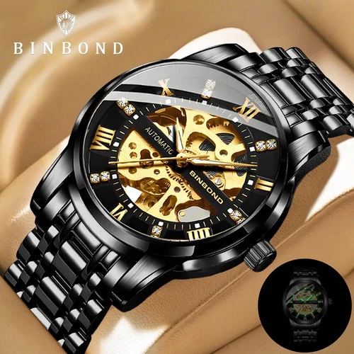 Luxury Men's Stainless Steel Gold Tone Skeleton Automatic Mechanical Wrist Watch