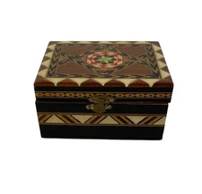 Vintage Marquetry Lacquered Mosaic Wood Inlay Jewelry Box Casket