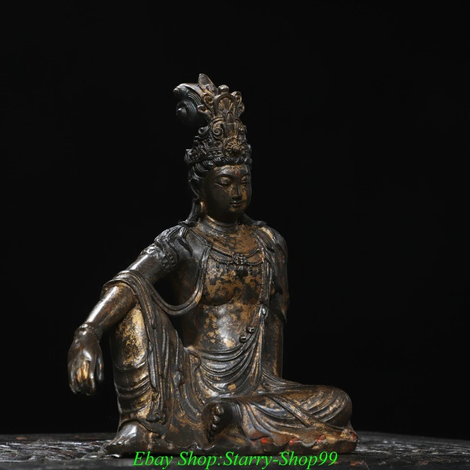 7.4" Old Dynasty Pure Bronze Gilt Kwan-yin Guan Yin Quanyin Bodhisattva Statue - Image 4 of 4