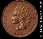 1874 Indian Head Cent - Scarce  Choice Almost Uncirculated  Semi-key  #L4609