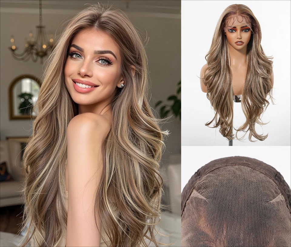 13x6 Large Area Lace Front Light Brown Human Hair Blend Heat Ok Wigs Women Soft - Image 2 of 4