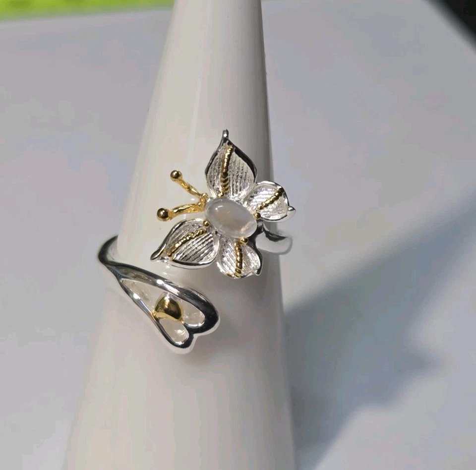 Anillo de plata de ley 925 envolvente mariposa piedra lunar natural talla 7 2103 Foto 2 de 4
