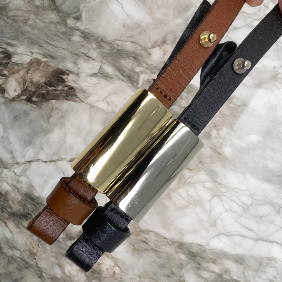 Lot 2 x Vintage Leather Skinny Belts Brown/Gold & Black/Silver Minimalist Sz L - Image 3 of 4