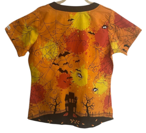 UA Scrub Top Halloween Holiday Size S Small Black Cat Haunted House Bats - Picture 2 of 4