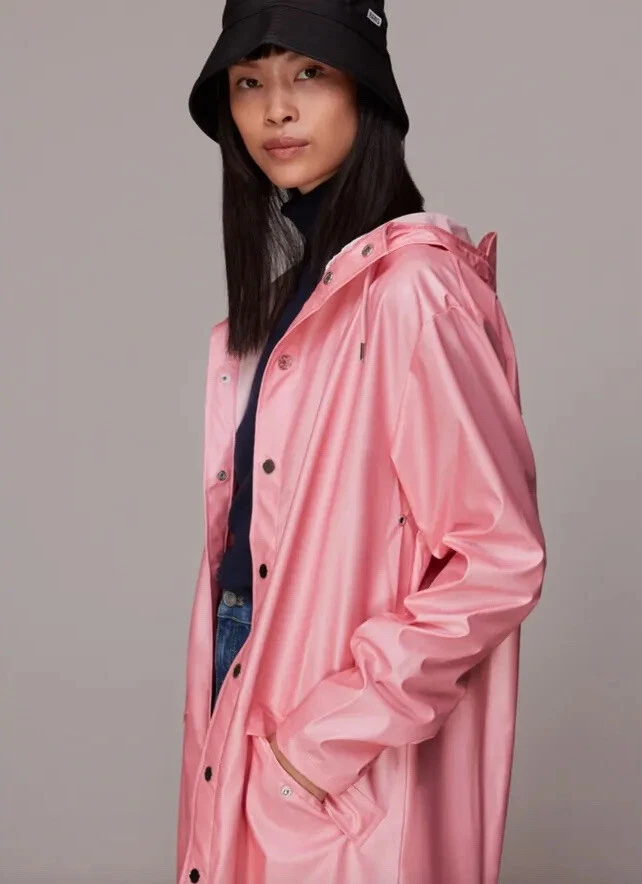 RAINS Pink Long Raincoat with Hood | eBay