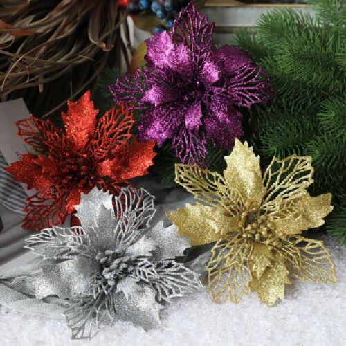Christmas 10PCS Artificial Poinsettia Flowers Ornaments Xmas Tree Decorations  - Picture 1 of 46