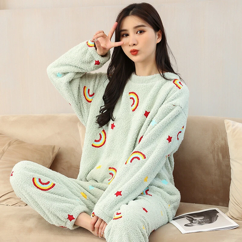 Winter Women Fluffy Faux Fur Fleece Lined Long Sleeve Warm Pajamas Set  Nightwear