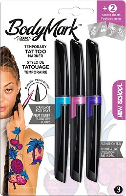 BodyMark by BIC | Temporäre Tattoo-Stifte, 3 Farben 'New School' + 2 Schablonen