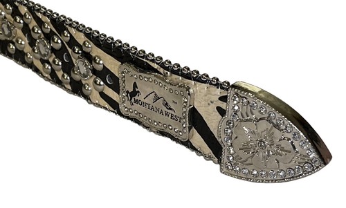 Montana West Ladies Leather Belt Black White Bling Rhinestone Womens Sz 38 NWOT - Picture 5 of 7