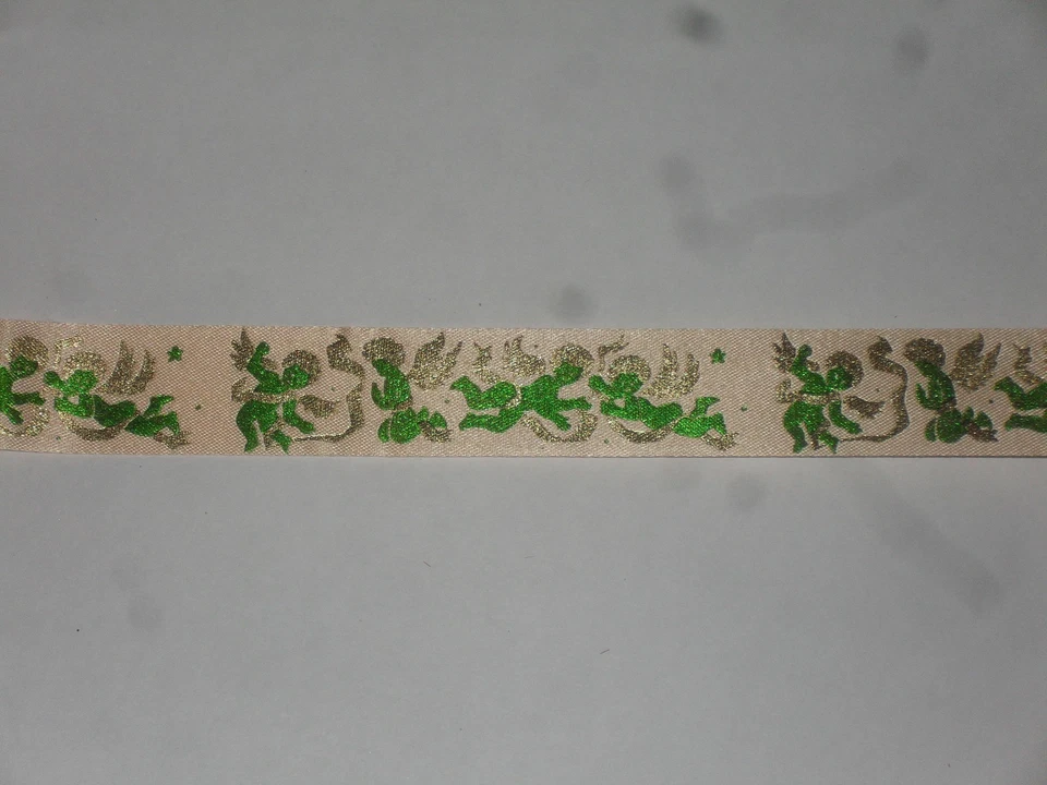 1 mètre ruban décoratif de noël angelot vert et or sur fond saumon, largeur:25mm