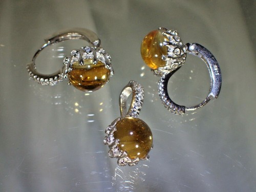 Rich Yellow Citrine 9mm Cabochon W-Cz 14K Gold Plated on .925 Silver Set #1439 - Picture 4 of 4
