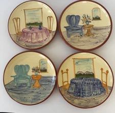 VTG Hand-Painted Ceramic Plates With Scenic Indoor Table & Chair Designs Signed