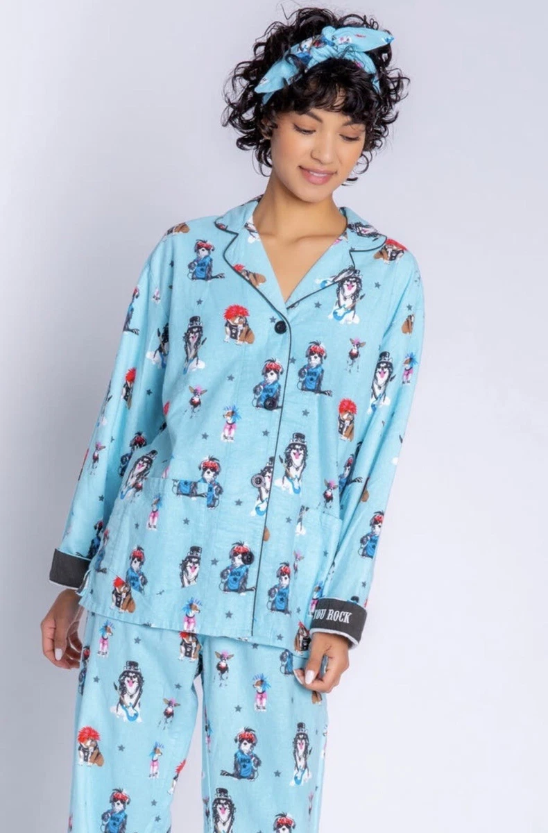 PJ Salvage Flannel Pajamas Set With Headband Aqua Size S eBay
