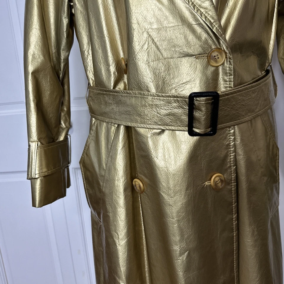Vintage 1980s Christian Dior Gold Metallic Size 6 Trench Coat Luxury Maximalist - Image 2 of 4