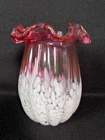 Vintage Fenton Art Glass Cranberry Vase White Speckled Ruffle Edge 7 3/4" Tall