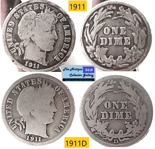 2 Antique⌛US  Mint Silver Barber Dimes🪙As Depicted🪙1911 1911D
