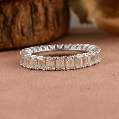Emerald Cut Natural Diamond Full Eternity Band Style Ring Solid 14k White Gold