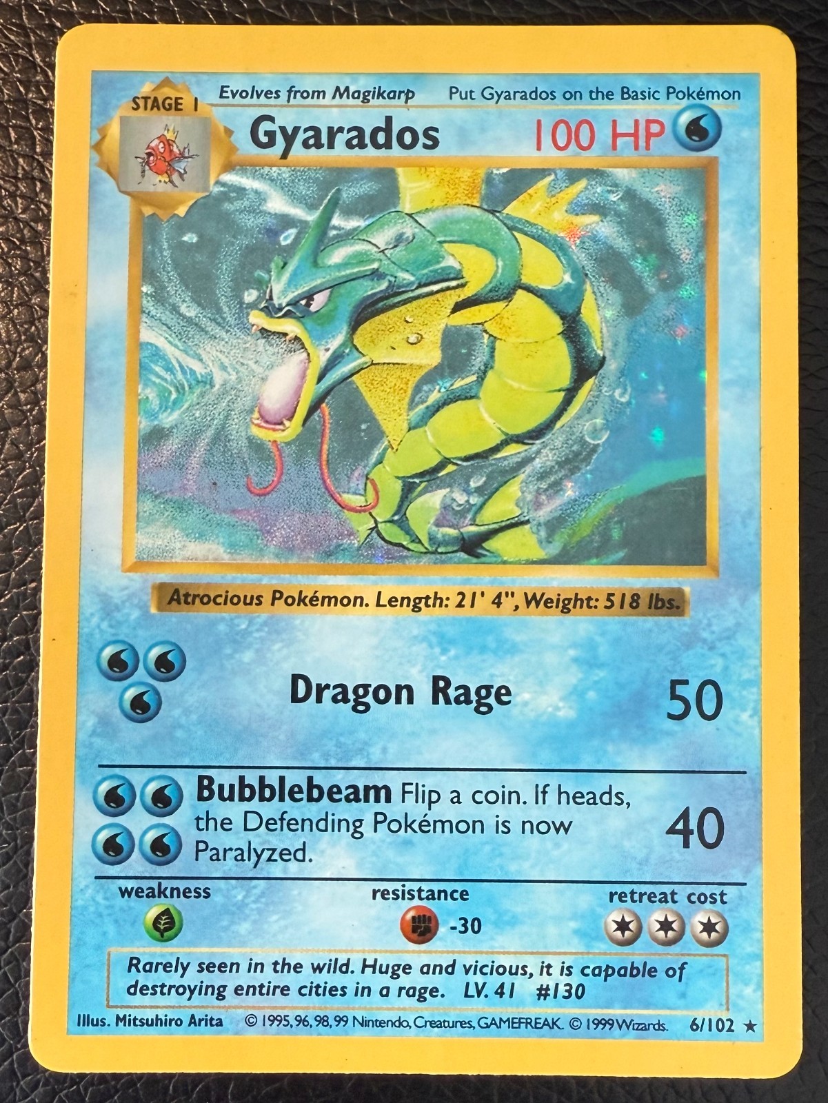 1999 POKEMON TCG GYARADOS HOLO BASE SET SHADOWLESS UNLIMITED RARE 6/102 LP/NM
